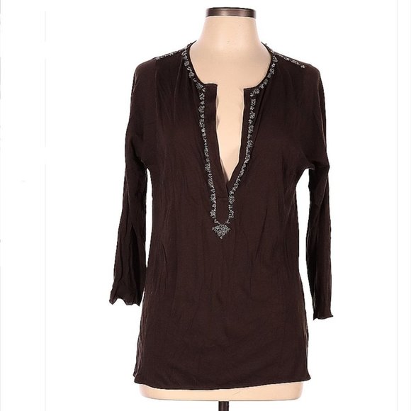J. Crew Tops - J.crew Brown Beaded Long Sleeve Tunic Top Size L